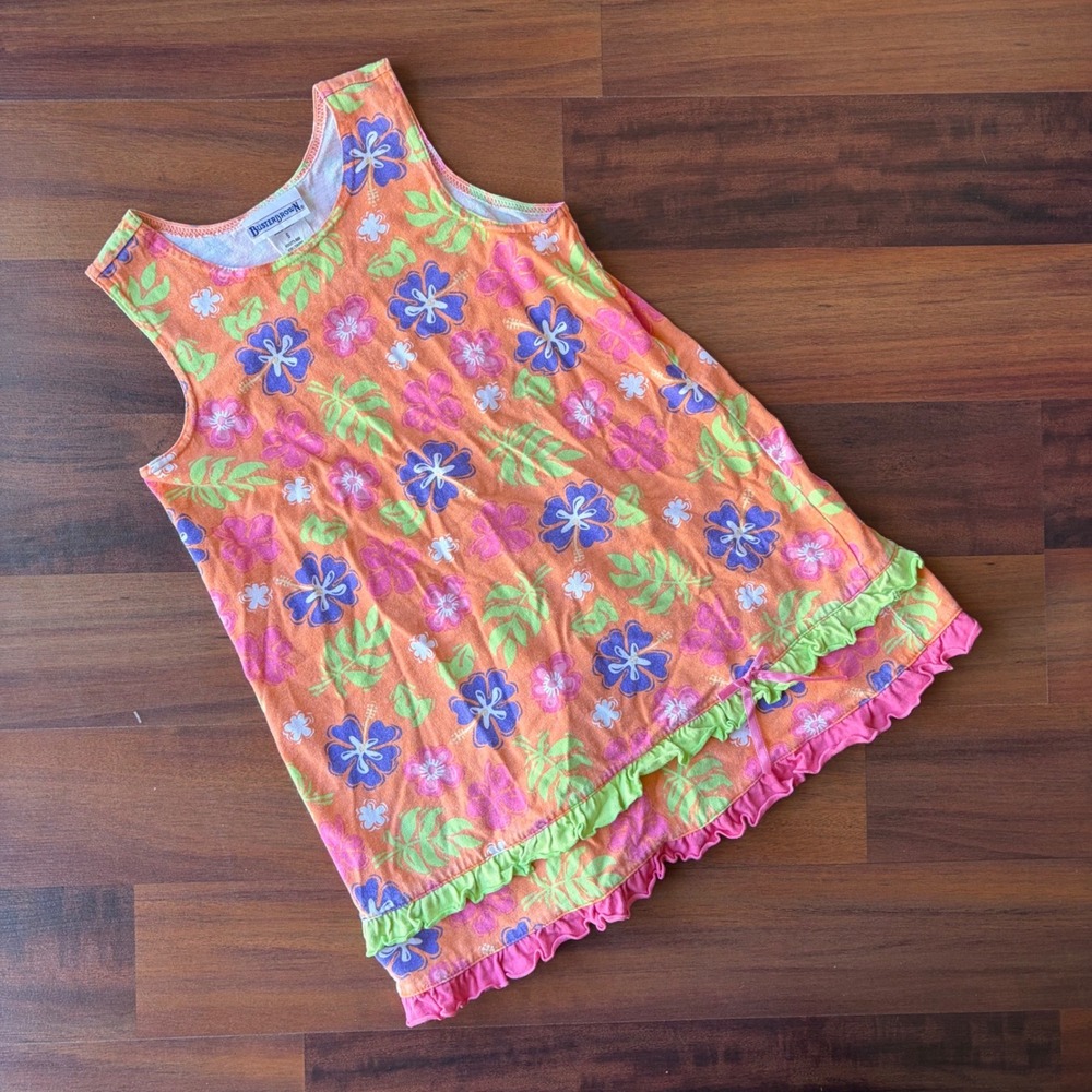 Buster Brown Girls‎ Orange Tropical Hibiscus Floral Ruffle Hem Tank Dress Size 6